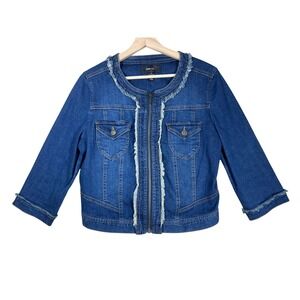 BOHO Denim Jacket Fringe Trim Collarless 3/4 Sleeve Blue Small‎ Festival
